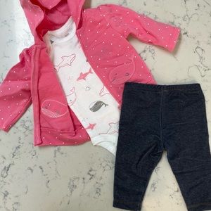 Carter’s shark sweatshirt, onesie and leggings set